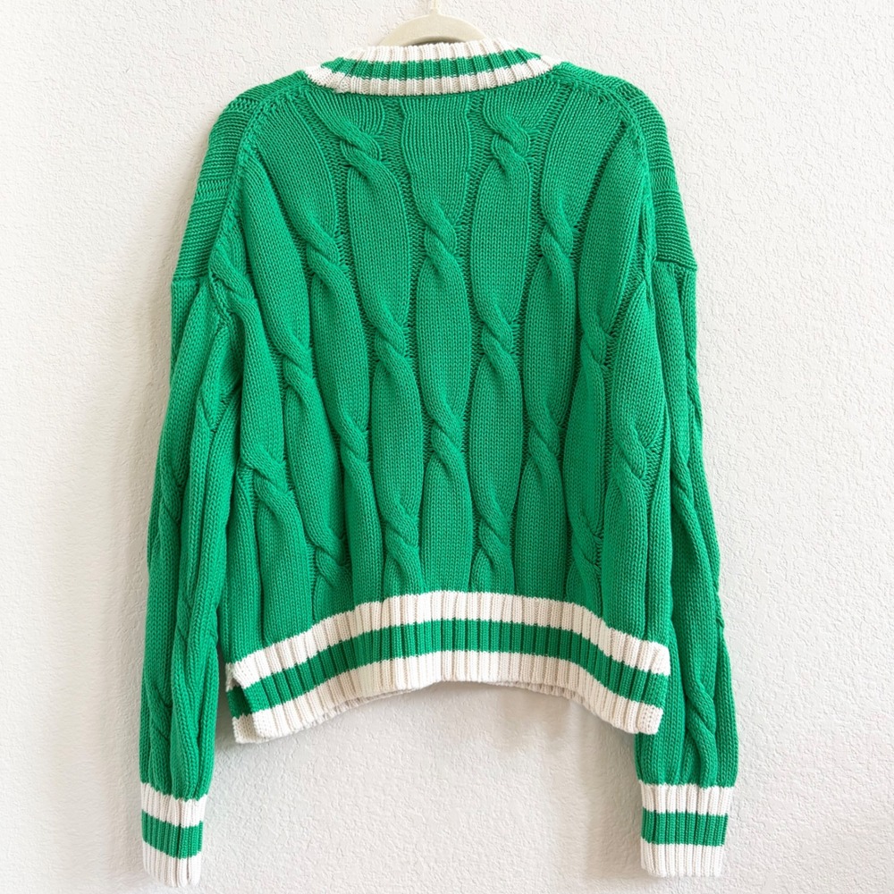 Aerie Kelly Green Cable Knit Varsity V-Neck Sweater Sz S Cotton Tennis Prep - Picture 8 of 11